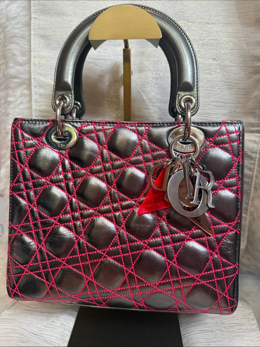 Dior Silver Grey Quilted Leather Satchel with Hot Pink Stitching & Charms